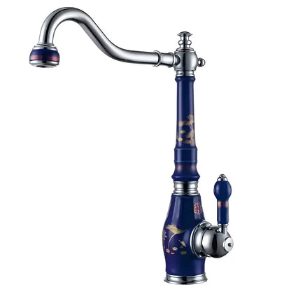 Blue and gold brass porcelain kitchen faucet with chrome swivel mixer