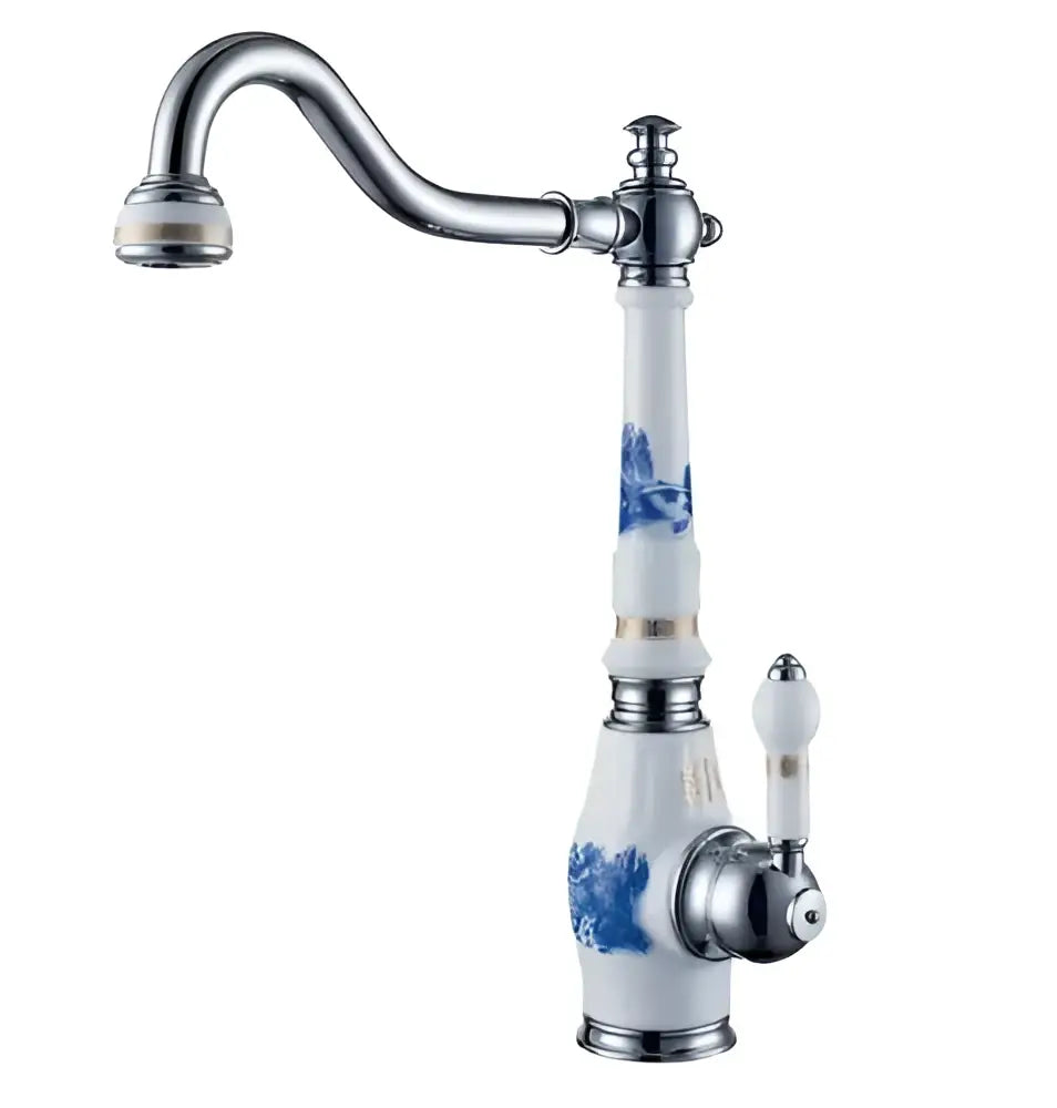 Blue and gold brass porcelain kitchen faucet with chrome swivel mixer
