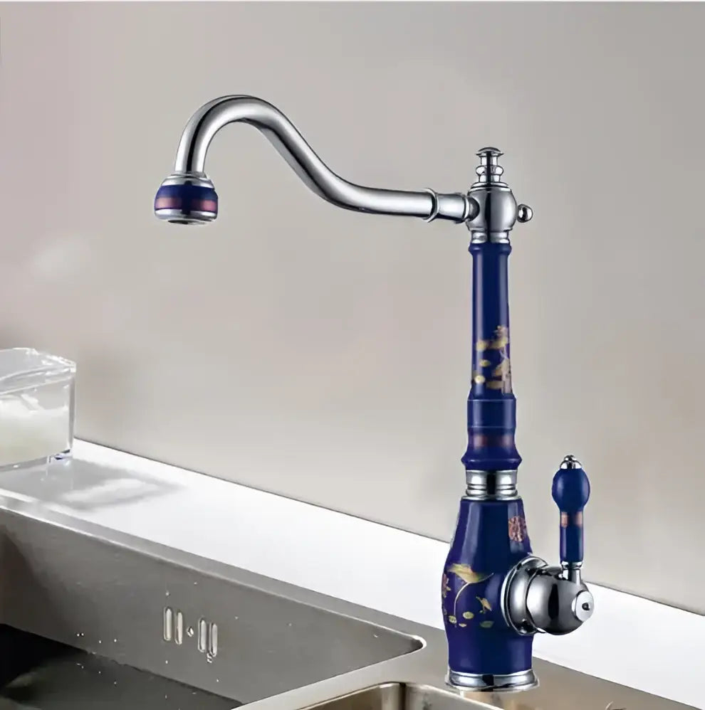 Blue and gold brass porcelain kitchen faucet with chrome swivel mixer