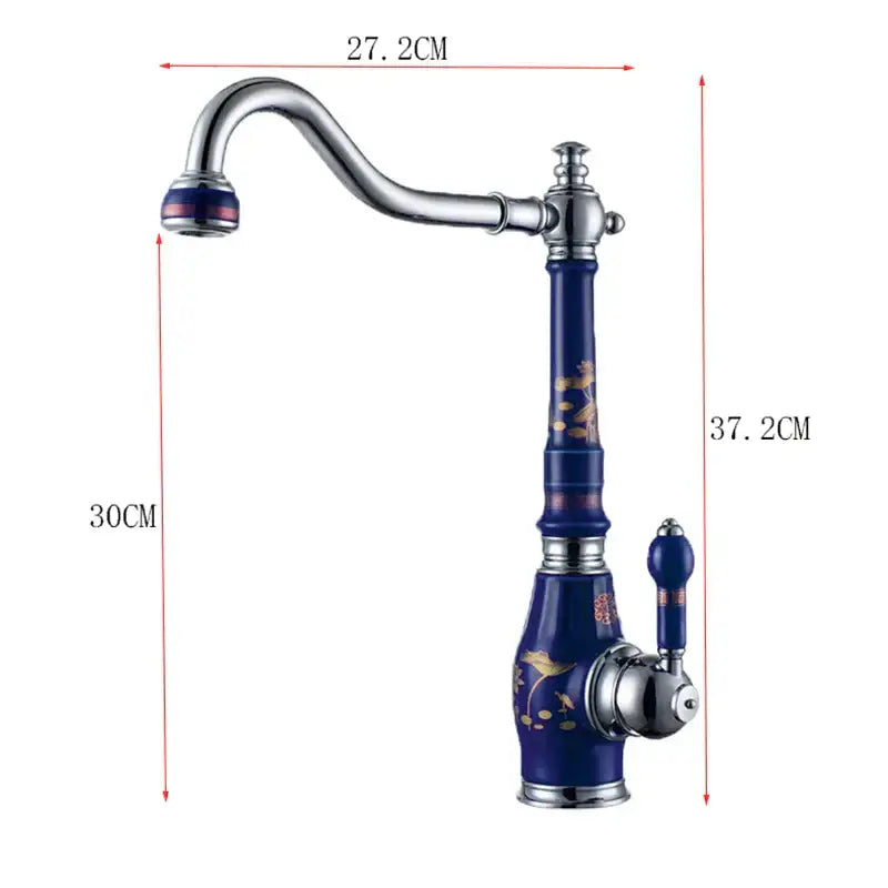Blue and gold brass porcelain kitchen faucet with chrome swivel mixer