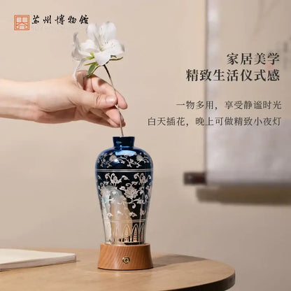 Blue and gold ceramic night light liuguang qingying vase bedroom lamp