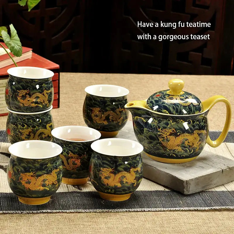 Blue and gold dragon teapot tea set dining room ceramic teaware