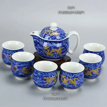 Blue and gold dragon teapot tea set dining room ceramic teaware