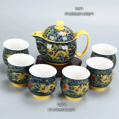 Blue and gold dragon teapot tea set dining room ceramic teaware