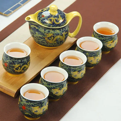 Blue and gold dragon teapot tea set dining room ceramic teaware