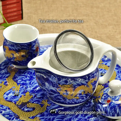 Blue and gold dragon teapot tea set dining room ceramic teaware