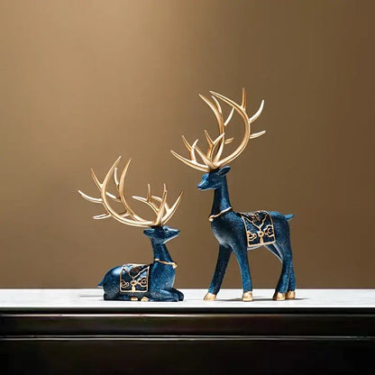 Blue and gold elk reindeer figurine set living room decor
