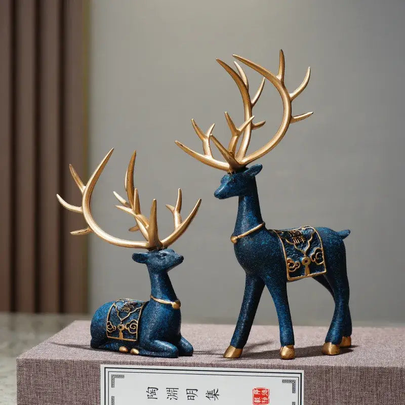 Blue and gold elk reindeer figurine set living room decor