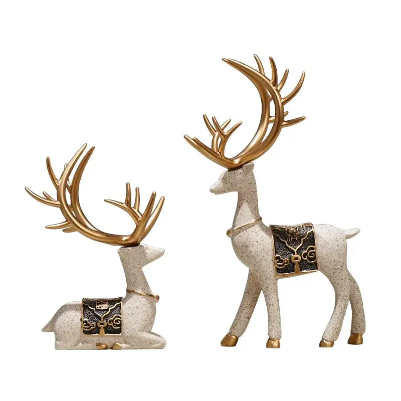 Blue and gold elk reindeer figurine set living room decor