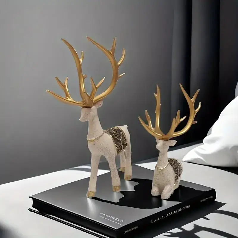 Blue and gold elk reindeer figurine set living room decor