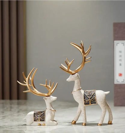 Blue and gold elk reindeer figurine set living room decor