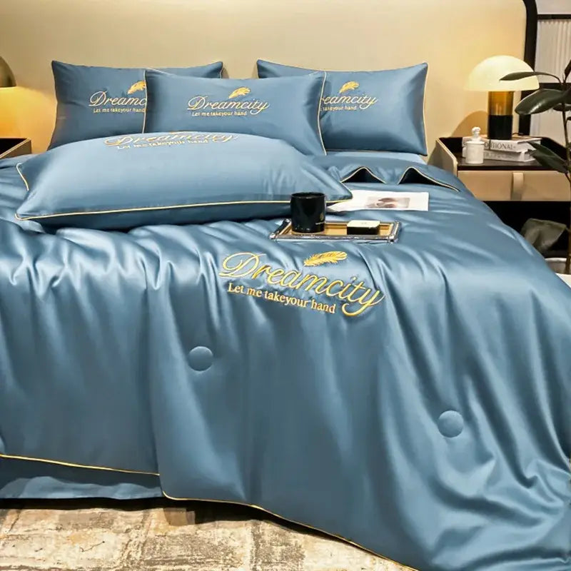 Blue and gold embroidered ice silk summer quilt set bedroom feather