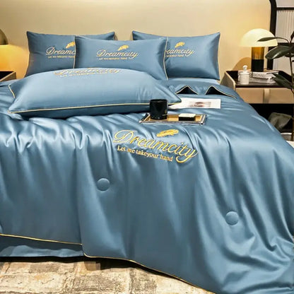 Blue and gold embroidered ice silk summer quilt set bedroom feather