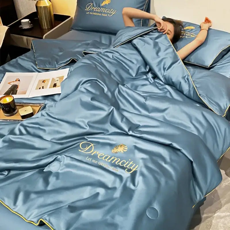Blue and gold embroidered ice silk summer quilt set bedroom feather