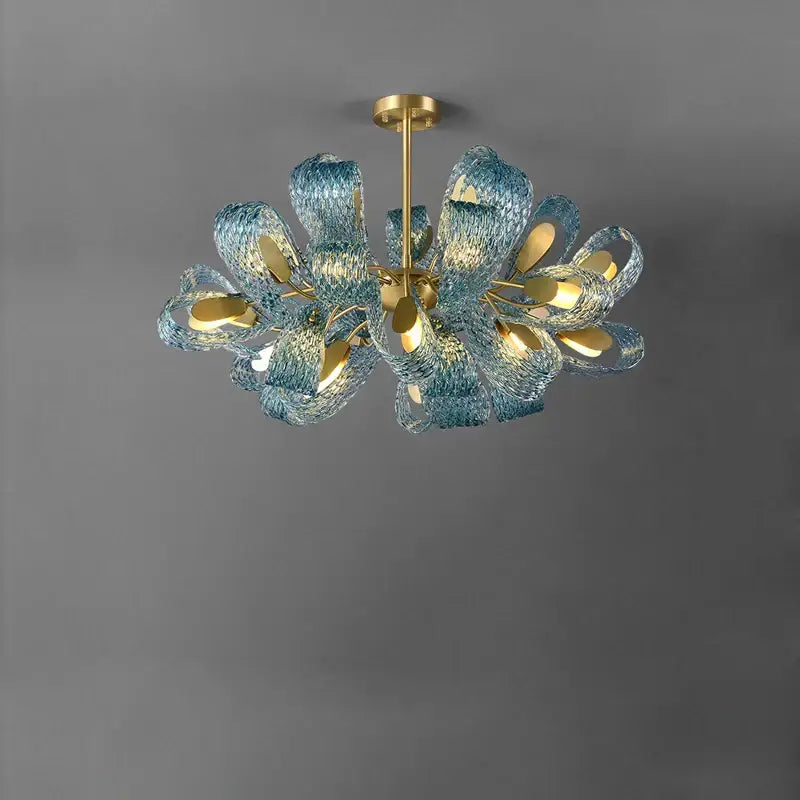 Blue and gold petal glass led copper pendant light for dining room