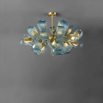 Blue and gold petal glass led copper pendant light for dining room