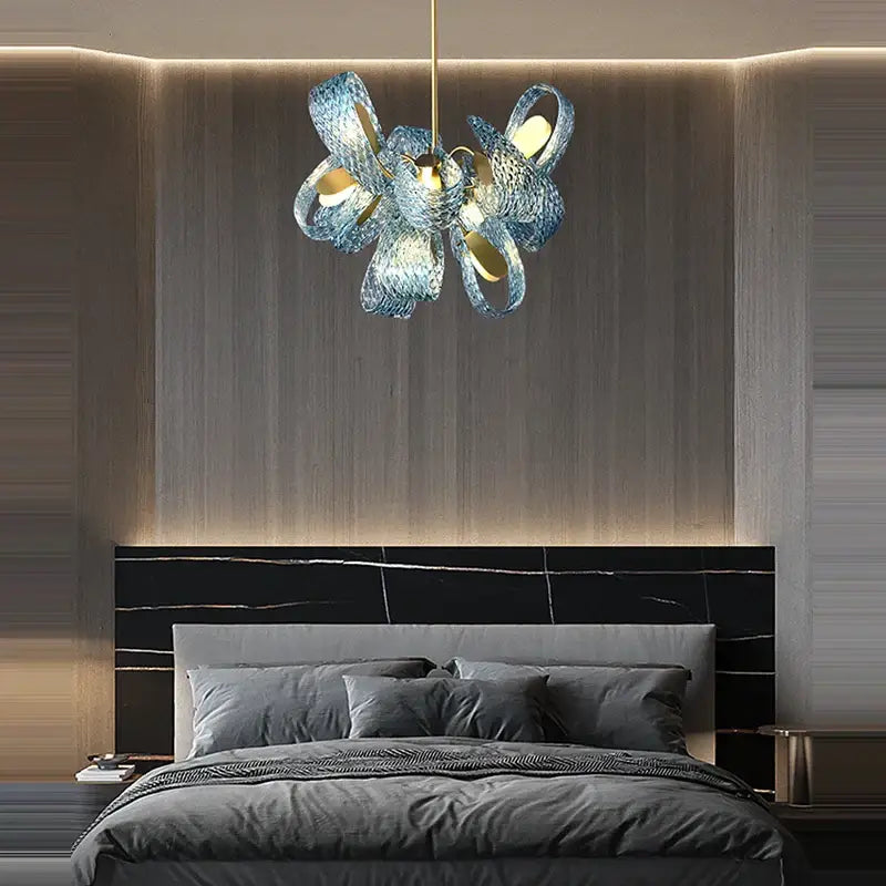Blue and gold petal glass led copper pendant light for dining room