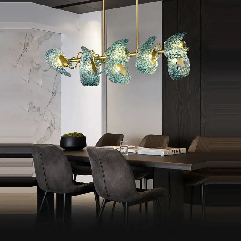 Blue and gold petal glass led copper pendant light for dining room