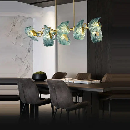 Blue and gold petal glass led copper pendant light for dining room