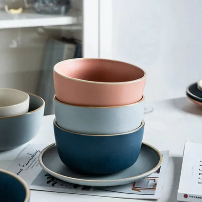 Blue and gray ceramic morandi bowl dining room gold trimmed dinnerware