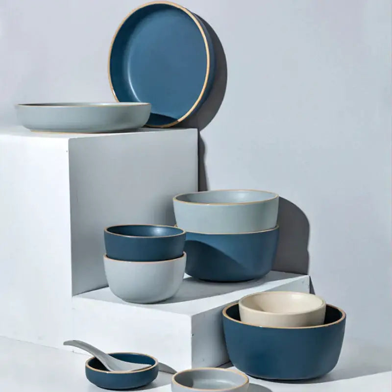 Blue and gray ceramic morandi bowl dining room gold trimmed dinnerware