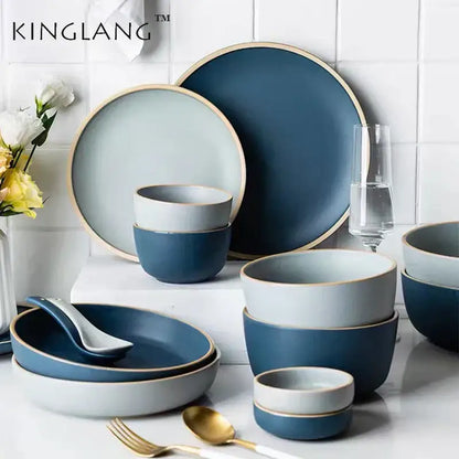 Blue and gray ceramic morandi bowl dining room gold trimmed dinnerware