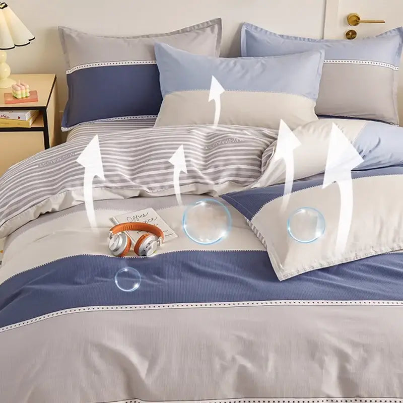 Blue and gray striped cotton single duvet cover bedroom bedding set