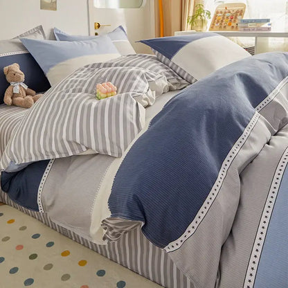 Blue and gray striped cotton single duvet cover bedroom bedding set