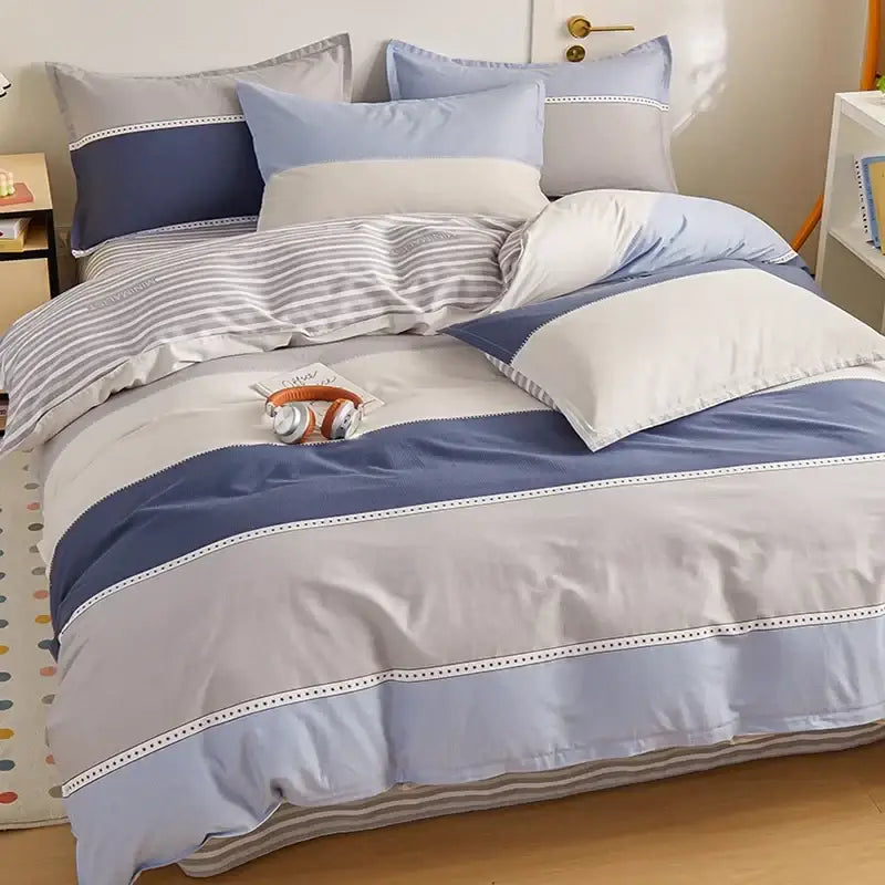 Blue and gray striped cotton single duvet cover bedroom bedding set