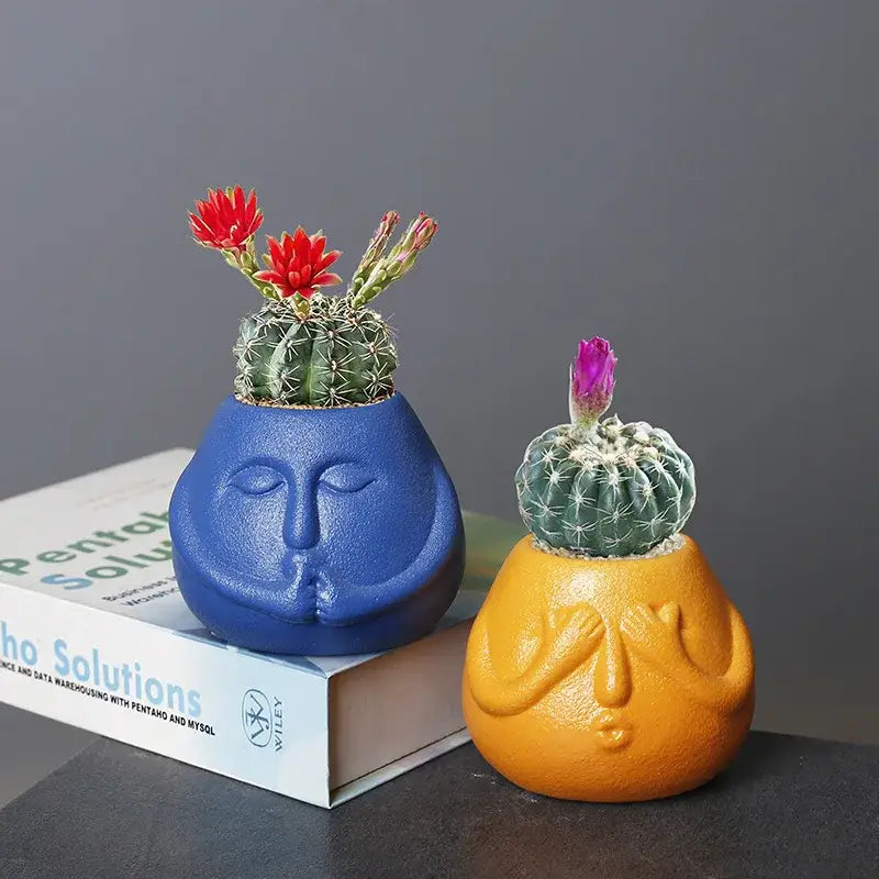 Blue and orange ceramic abstract human face planter living room decor