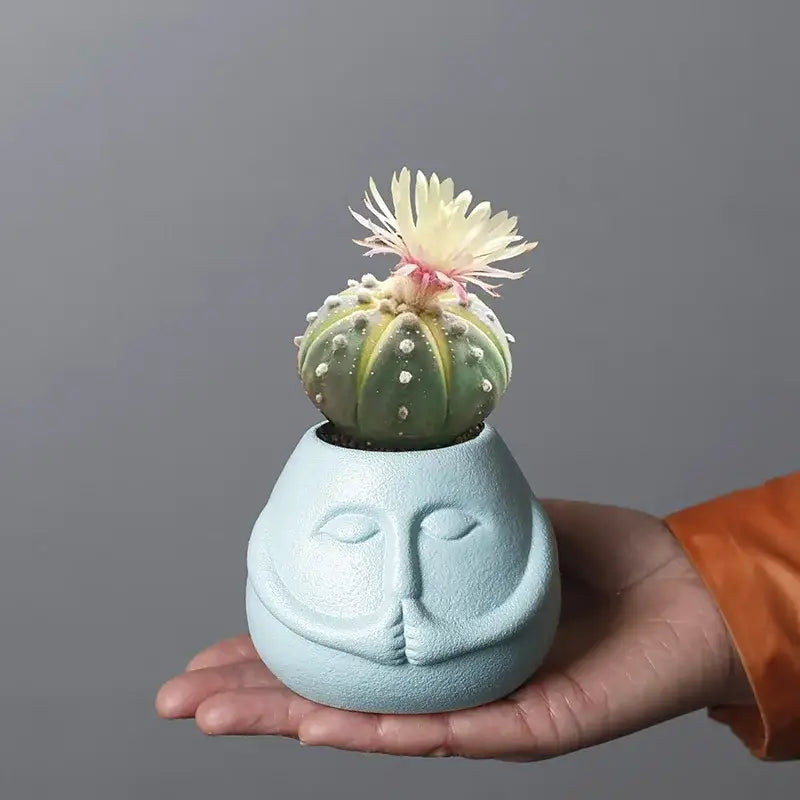 Blue and orange ceramic abstract human face planter living room decor