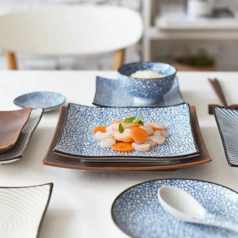 Blue and white crackle glaze porcelain square dinner plate dining room