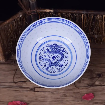 Blue and white dragon pattern porcelain ramen bowl dining room