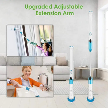 Blue and white electric spin scrubber brush for bathroom cleaning