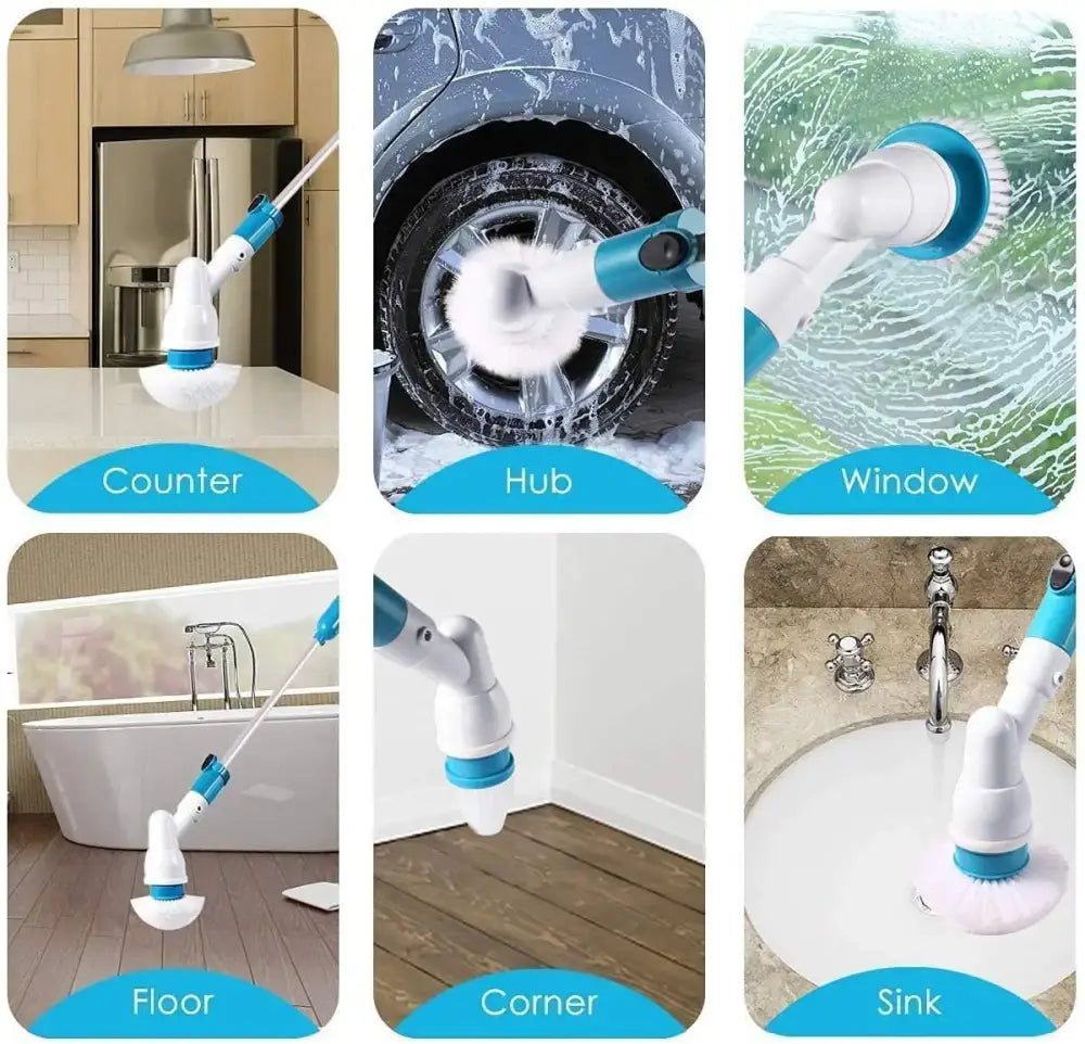 Blue and white electric spin scrubber brush for bathroom cleaning