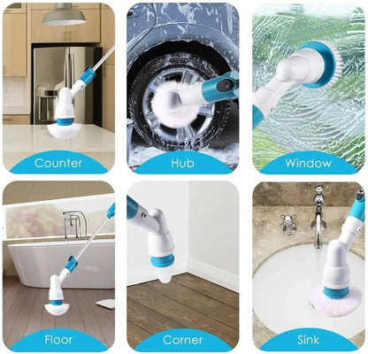 Blue and white electric spin scrubber brush for bathroom cleaning