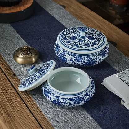 Blue and white floral ceramic tea caddy jar set – living room decor