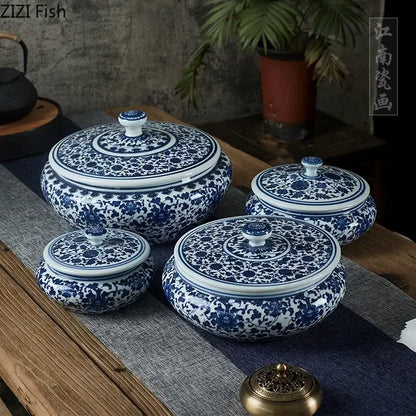 Blue and white floral ceramic tea caddy jar set – living room decor