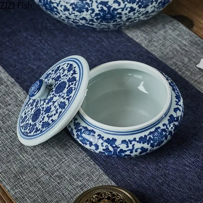 Blue and white floral ceramic tea caddy jar set – living room decor