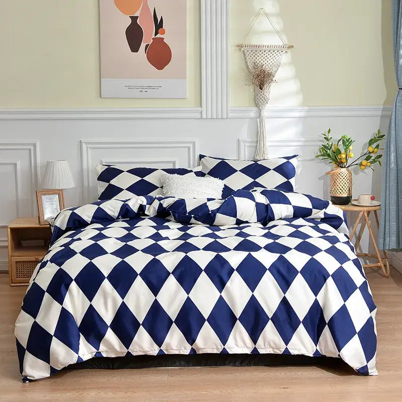 Blue and white geometric stripes bedding set for bedroom