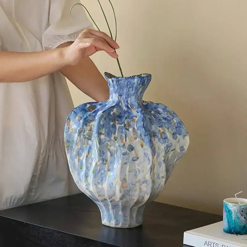 Blue and white irregular porcelain tulip vase living room decor