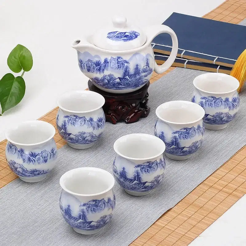 Blue and white landscape double ceramic teaware set for dining room