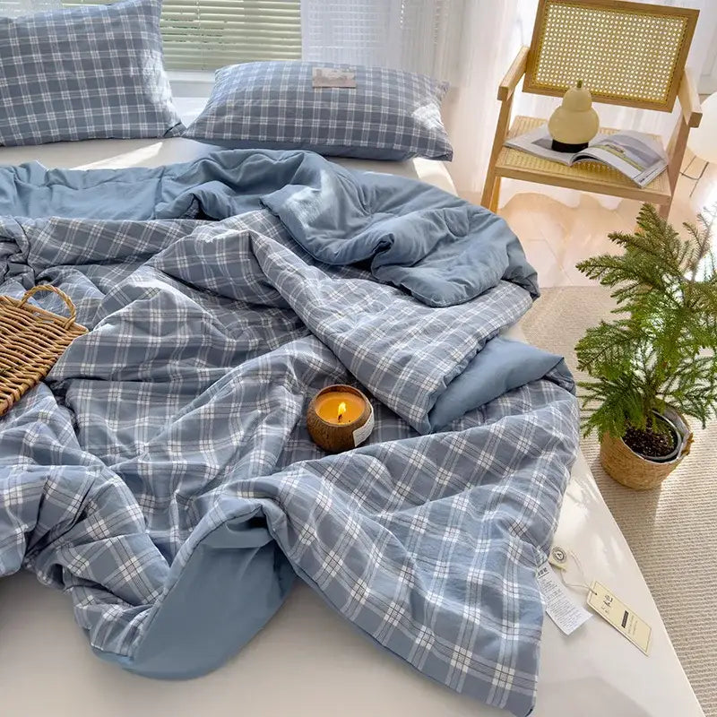 Blue and white plaid cotton summer quilt bedroom soybean fiber comforter