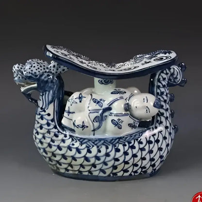 Blue and white porcelain dragon boat statue bedroom decor