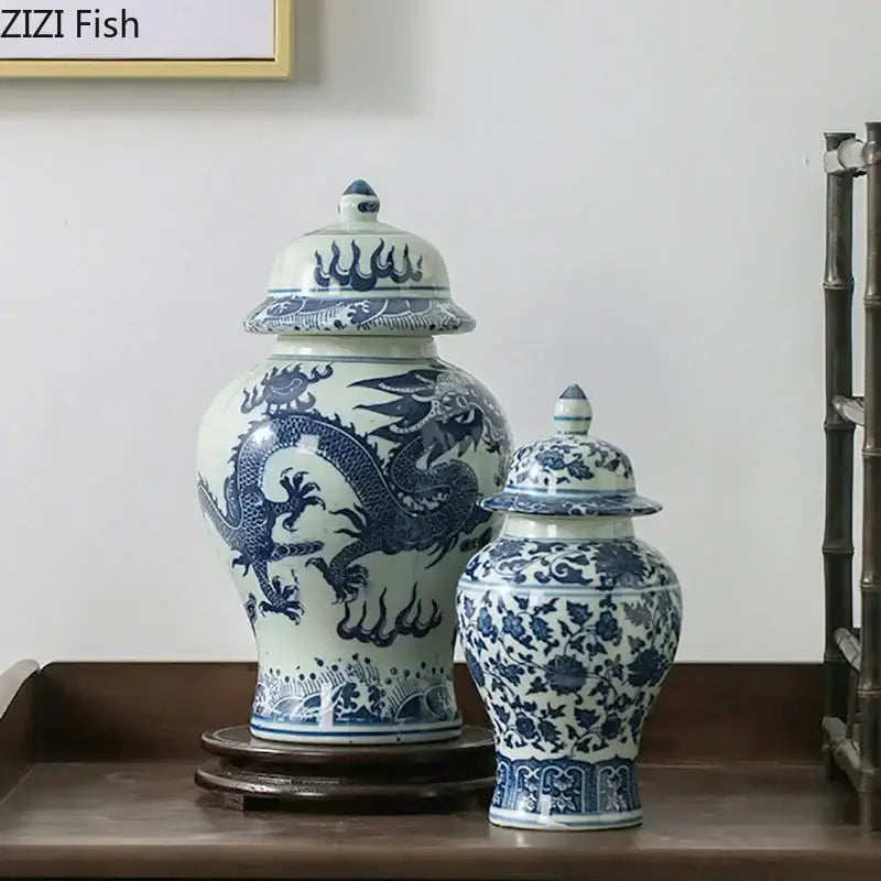 Blue and white porcelain dragon ginger jar dining room storage pot