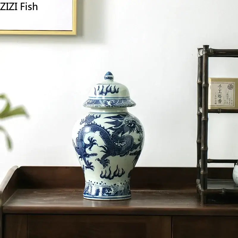 Blue and white porcelain dragon ginger jar dining room storage pot