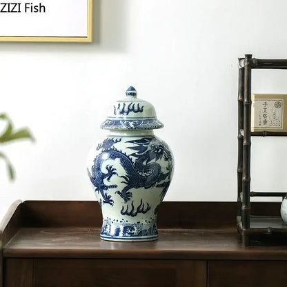 Blue and white porcelain dragon ginger jar dining room storage pot