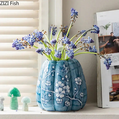 Blue and white porcelain pumpkin vase living room floral decor