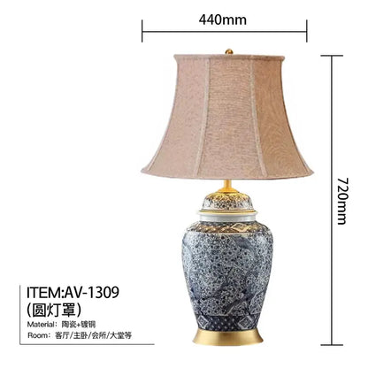 Blue and white porcelain table lamp with gold accents for living room