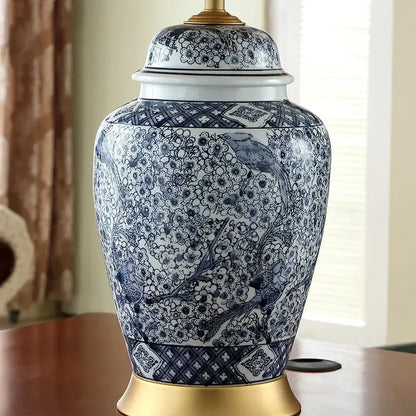 Blue and white porcelain table lamp with gold accents for living room